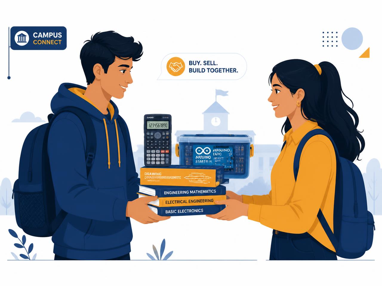 Two SVNIT students exchanging an Arduino kit, calculator and engineering textbooks on campus